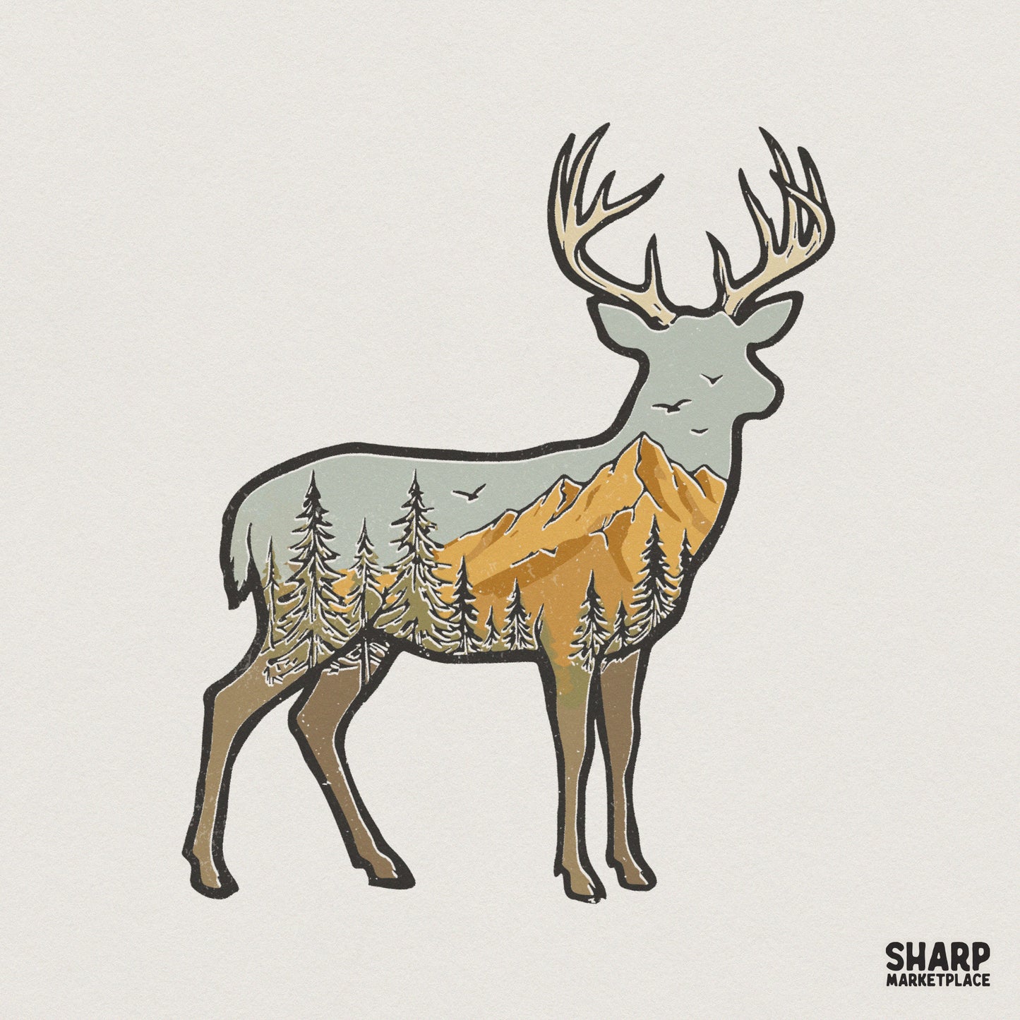 Vintage style deer silhouette containing a scenic landscape of golden mountains, pine trees, and birds for nature-themed apparel and sublimation.