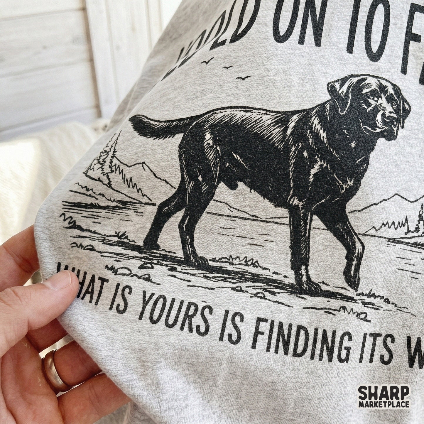 Monochromatic line art of a Labrador retriever in nature with inspirational text, ideal for custom DIY gifts, tumblers, and religious wall art.