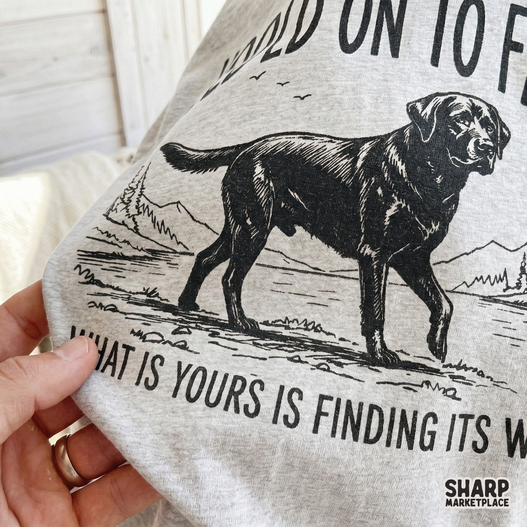 Monochromatic line art of a Labrador retriever in nature with inspirational text, ideal for custom DIY gifts, tumblers, and religious wall art.