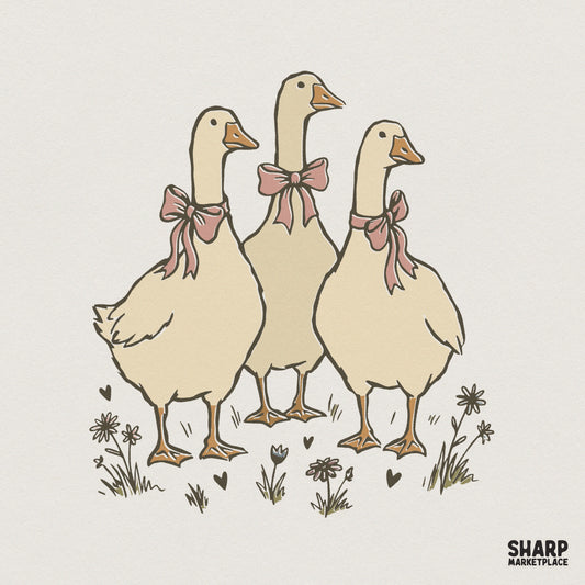Hand-drawn vintage illustration of three cream-colored geese wearing soft pink bows, surrounded by wildflowers and hearts for cottagecore projects.
