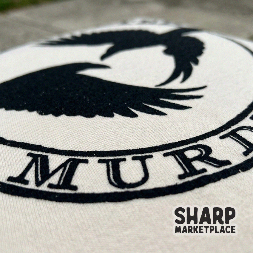 Funny raven stamp graphic with attempted murder crow pun for sarcastic retro t-shirt designs and dark humor apparel