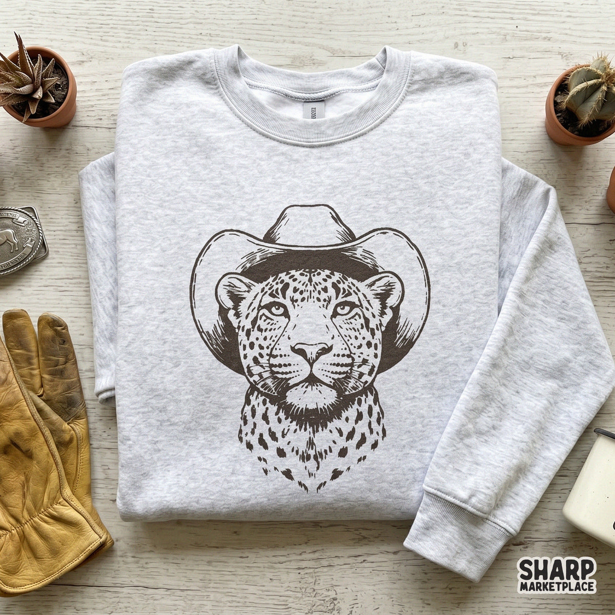 Monochrome western leopard design with intricate fur textures and a stoic expression, suitable for DTF printing, tumblers, and DIY projects.