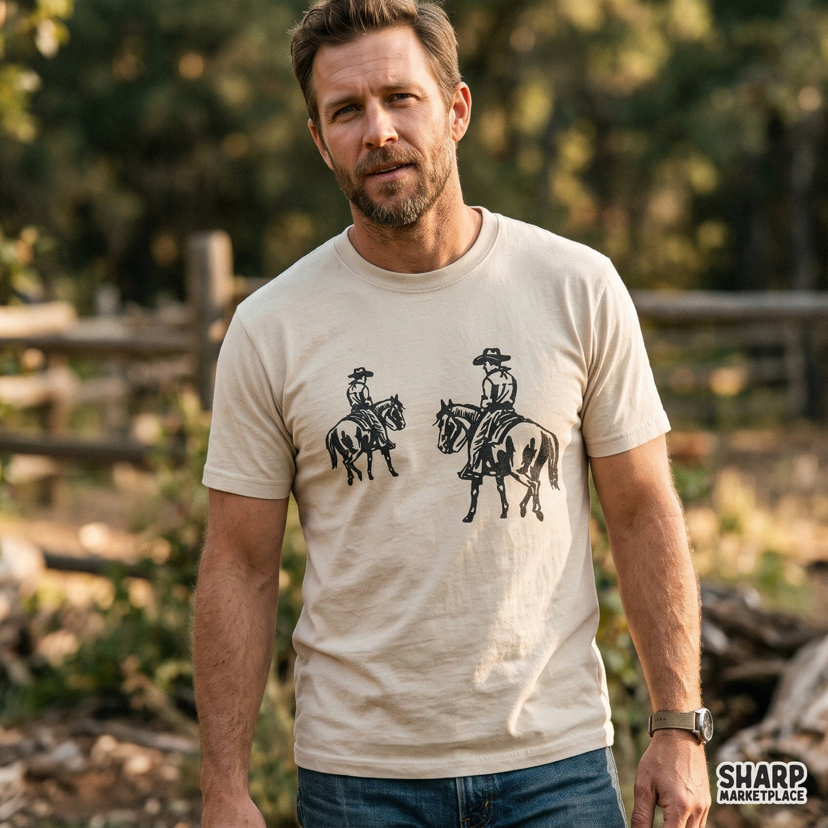 Two cowboys riding horses on a trail linocut PNG graphic for western apparel and rustic shirt sublimation