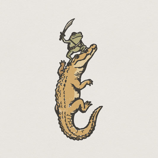 Funny Frog Riding Crocodile PNG, Vintage Animal Art - 300 DPI Design for