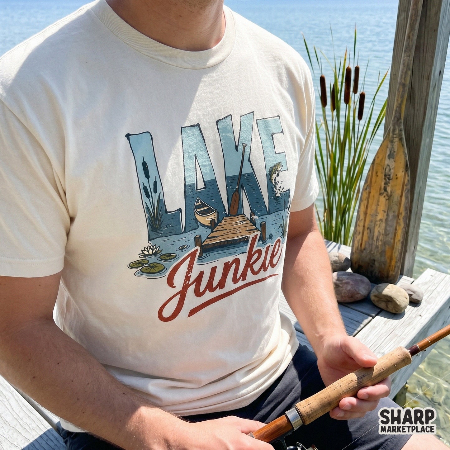 Lake Junkie sublimation design with stylized typography, cattails, and lily pads, perfect for creating custom fishing shirts, mugs, and tumblers.