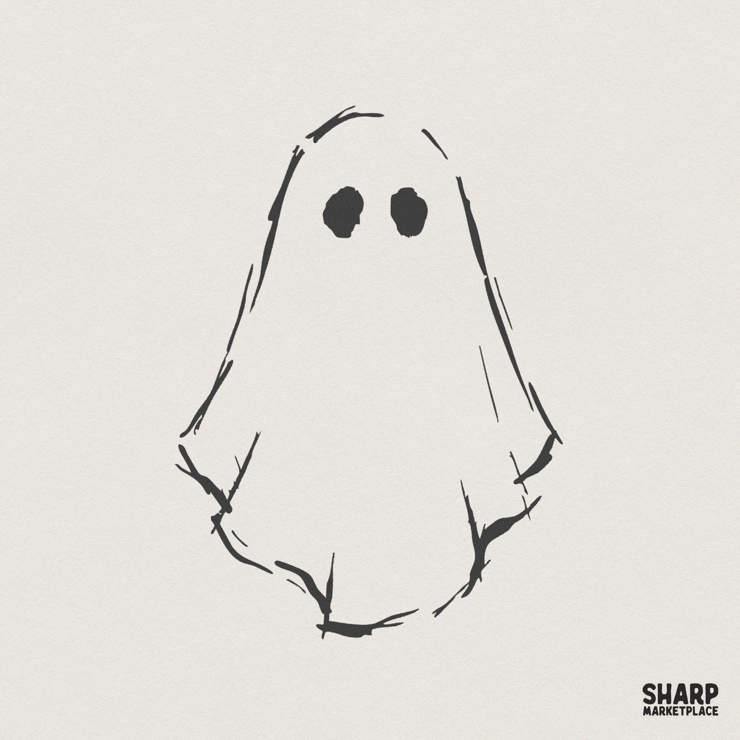 Minimalist hand-drawn ghost illustration with a sketchy black ink outline and two simple circular eyes on a neutral background.