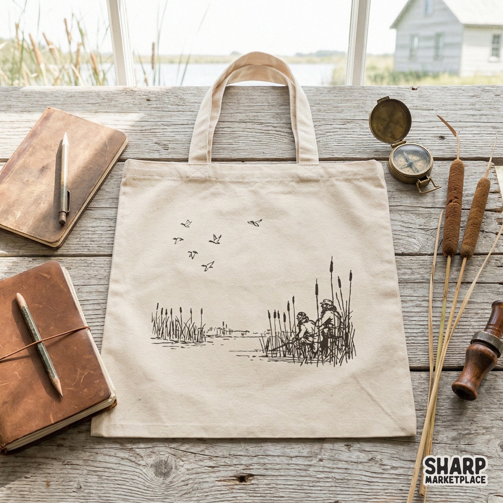 Monochromatic sketch illustration of a quiet shoreline with cattails and hunters, perfect for sublimation transfers, stickers, and outdoor-themed crafts.