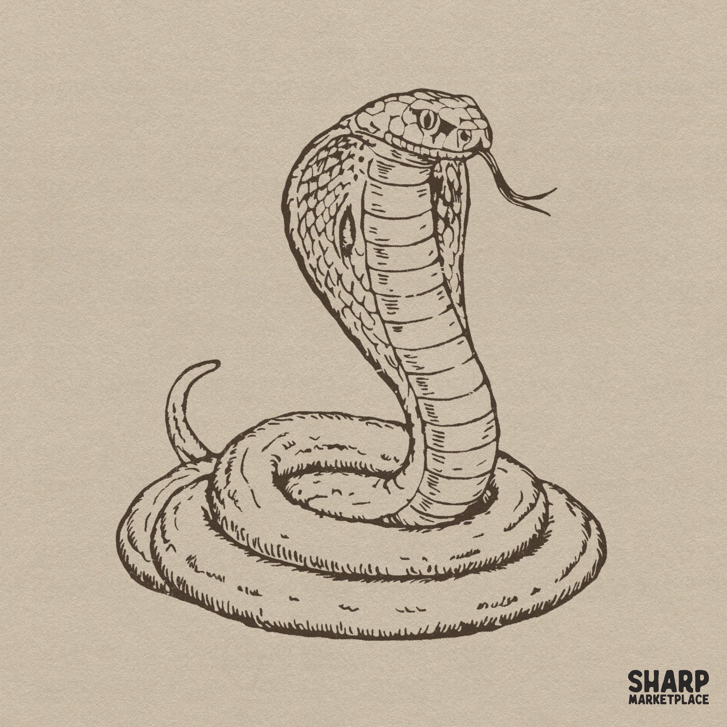 Vintage coiled king cobra snake tattoo graphic art for a retro Halloween spooky season shirt design