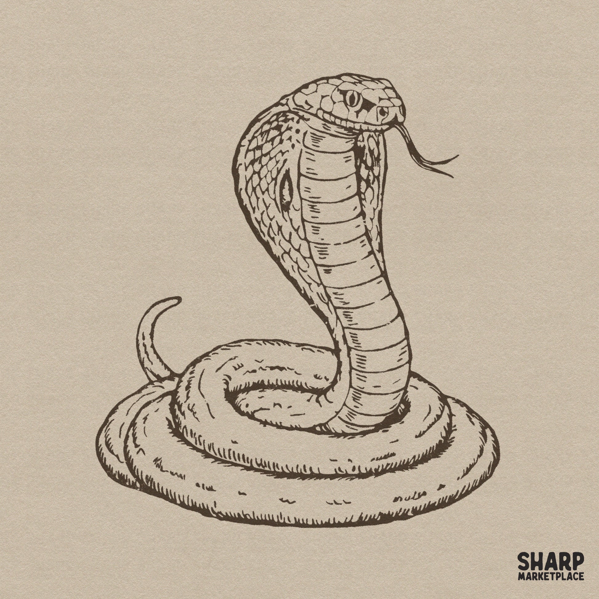 Vintage coiled king cobra snake tattoo graphic art for a retro Halloween spooky season shirt design