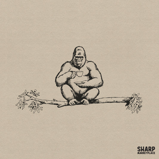Distinguished gorilla sitting on a tree branch drinking tea retro Y2K meme PNG for sarcastic apparel and mug sublimation