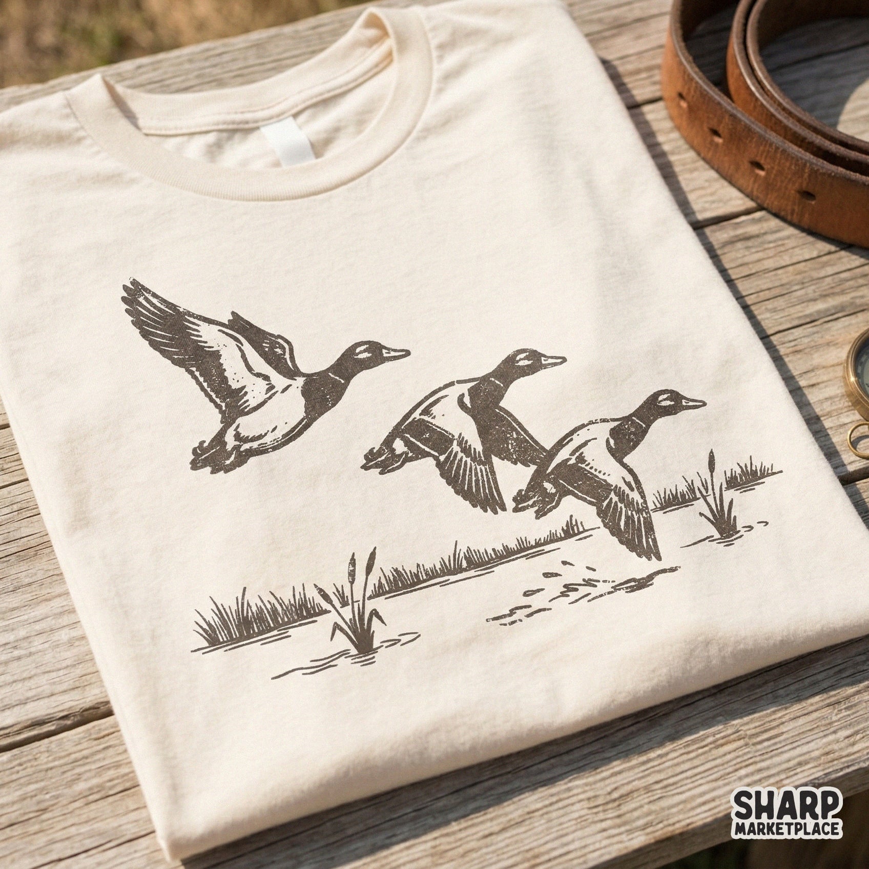Detailed digital graphic of mallards lifting off from water, perfect for sublimation, stickers, or custom hunting gear with a distressed ink aesthetic.