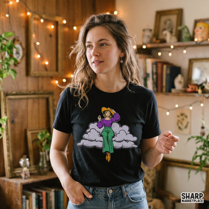 Whimsical Cowgirl Sitting On Fluffy Cloud, Trendy Retro