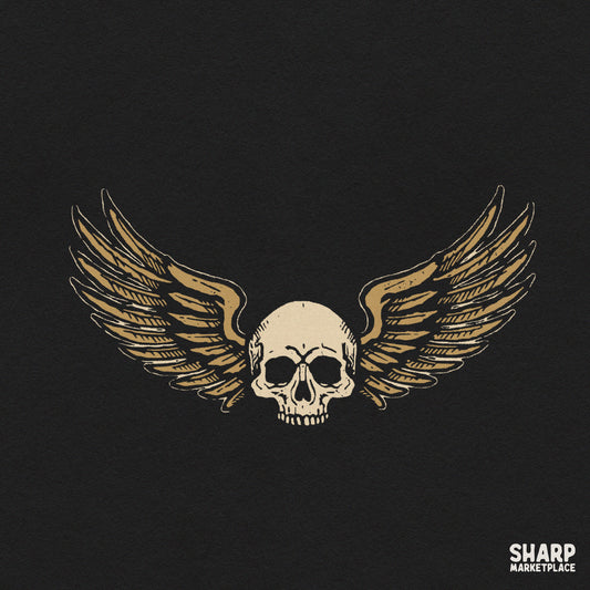 Golden winged biker skull PNG design with rocker aesthetic for Halloween trendy shirt sublimation
