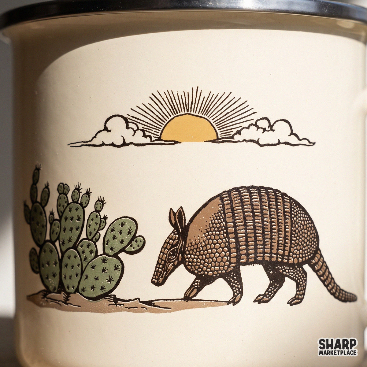 Vintage armadillo walking by a prickly pear cactus desert scene PNG graphic for western sublimation t-shirts
