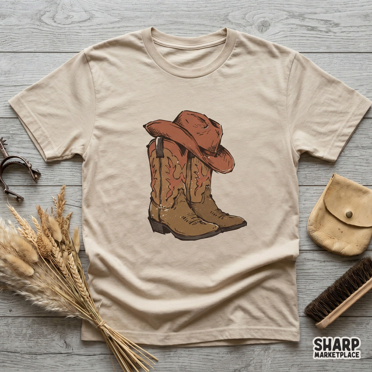 Vintage style western graphic with a brown felt hat and detailed leather boots, ideal for country music festival shirts and DIY ranch-themed crafts.