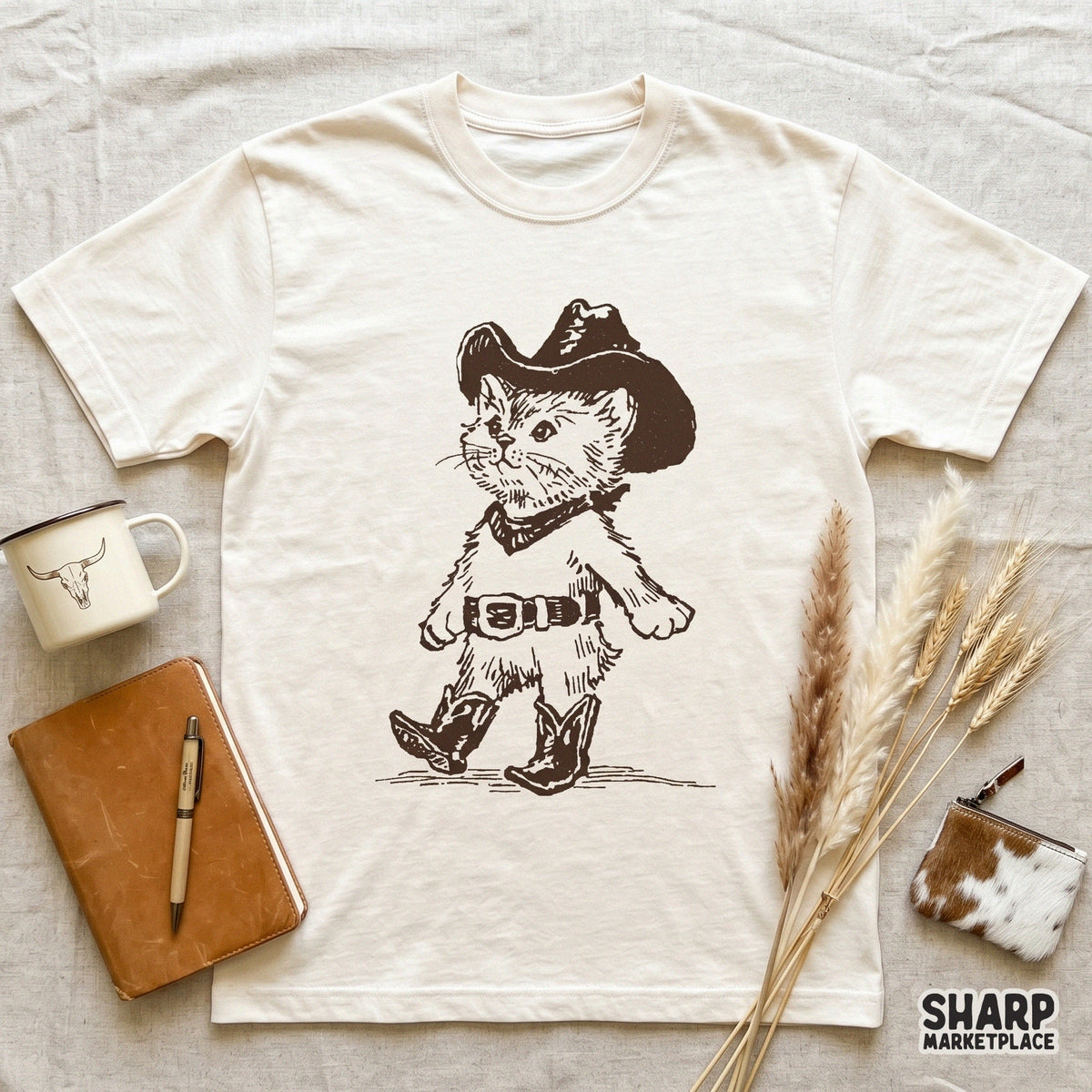 Retro cowboy kitten in boots and hat western PNG illustration for funny cat lover shirts and sublimation designs