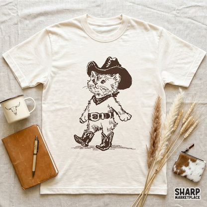 Retro cowboy kitten in boots and hat western PNG illustration for funny cat lover shirts and sublimation designs