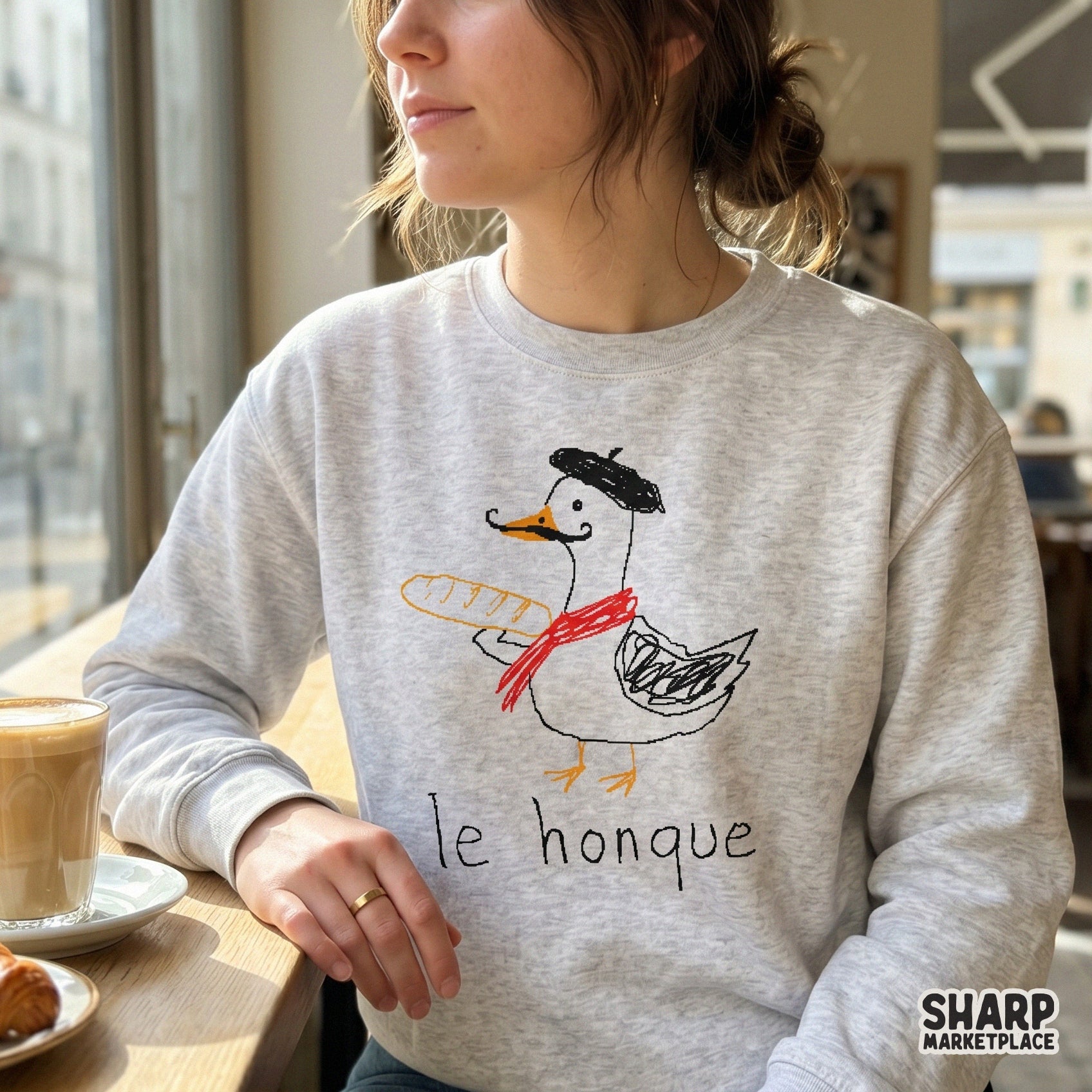 Digital illustration of a silly goose with a mustache and beret holding a French baguette, perfect for custom t-shirts, stickers, or sublimation projects.