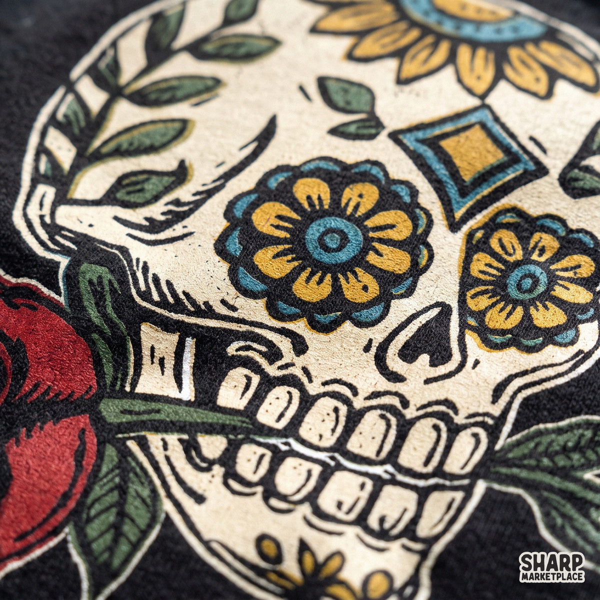 Colorful calavera skull with a red rose Halloween PNG graphic for sublimation and t-shirt design