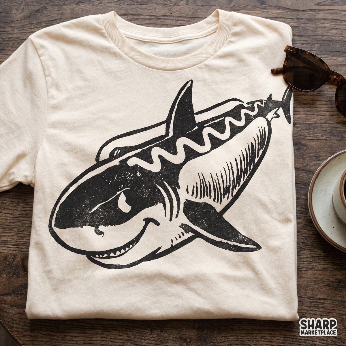 Cool vintage smiling great white shark sketch PNG graphic for summer shirt and tumbler sublimation design