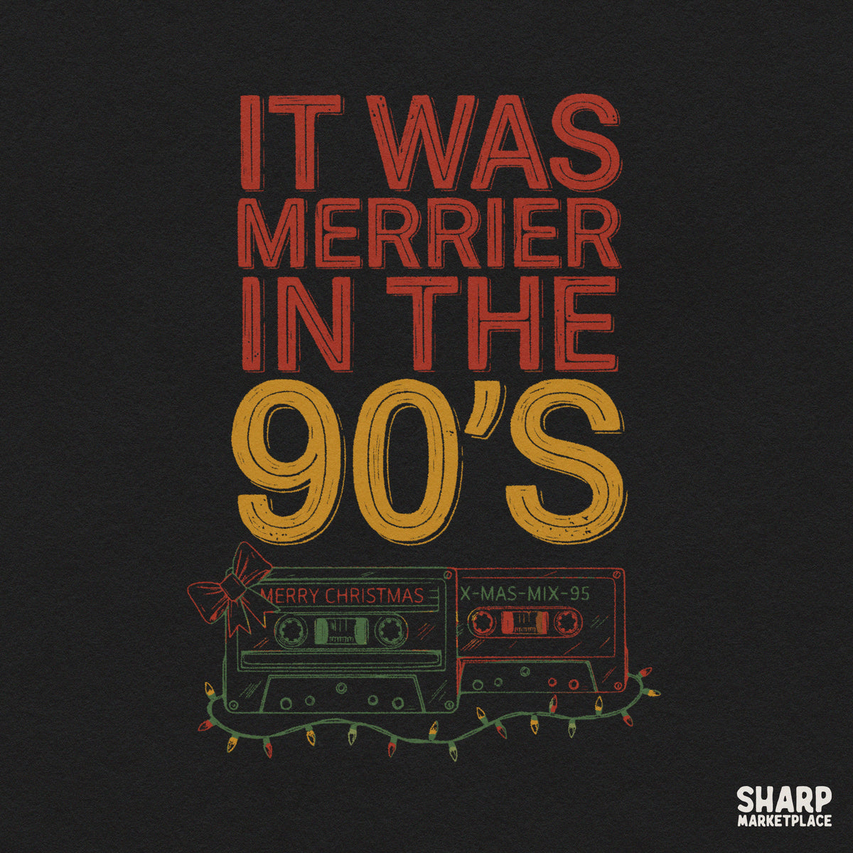 Retro Christmas cassette tape sublimation PNG design featuring 90s holiday nostalgia for t-shirts and apparel