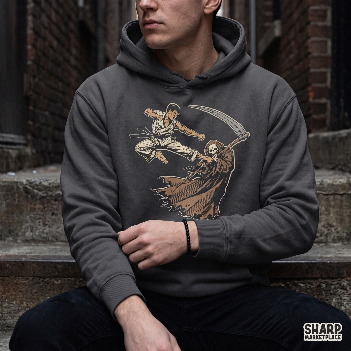 Funny retro martial arts skeleton karate kicking the grim reaper for spooky season Halloween t-shirts