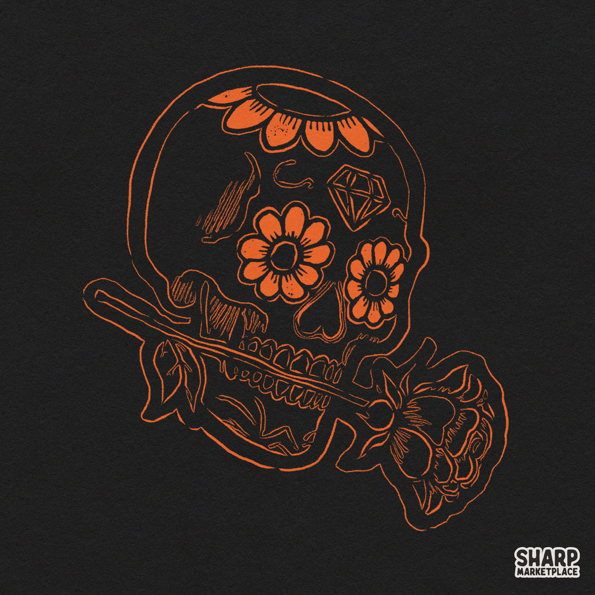 Vintage line art calavera skull with orange flowers for Halloween shirt design and sublimation tumblers
