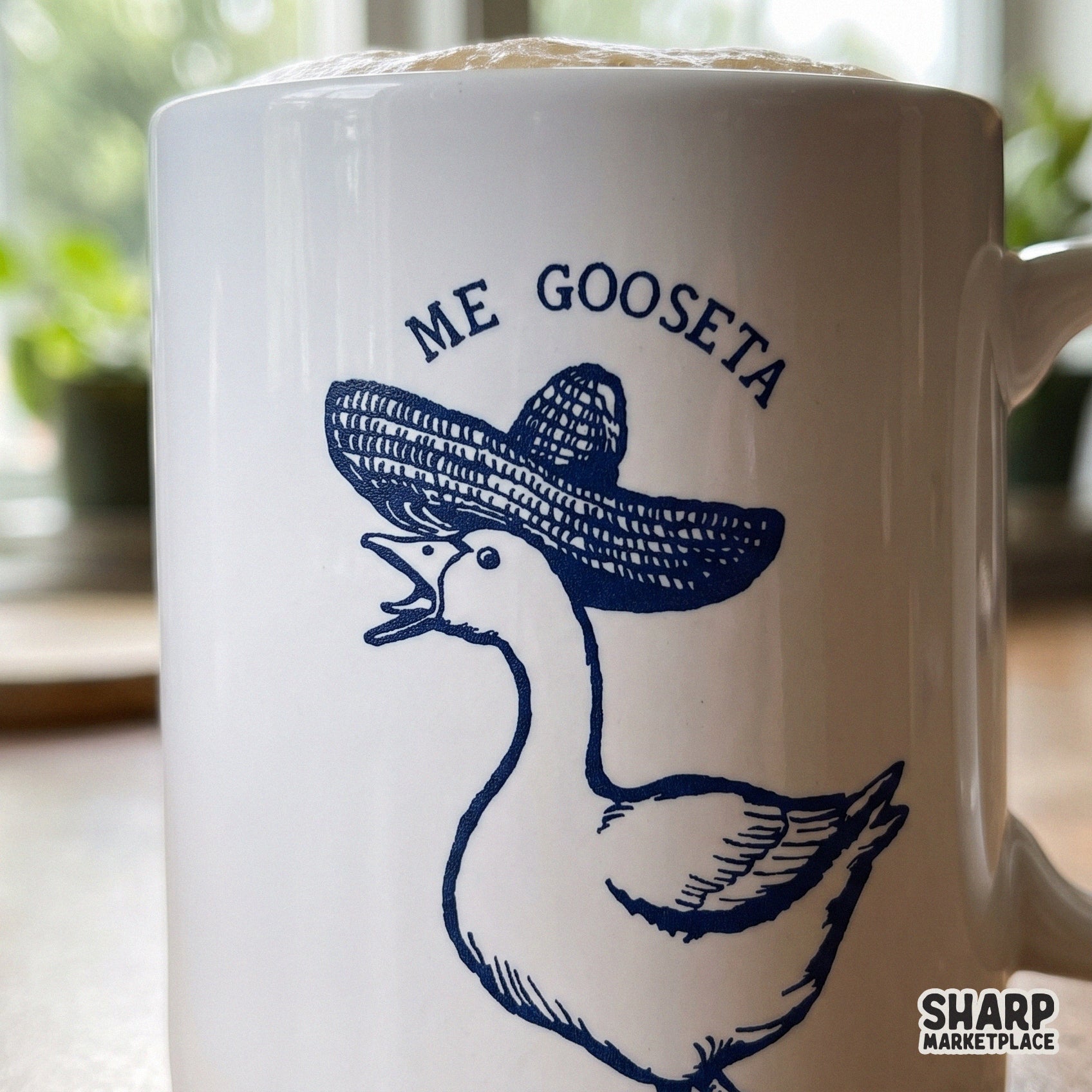 Funny goose wearing a sombrero with a Me Gooseta Mexican pun for retro sublimation shirt designs
