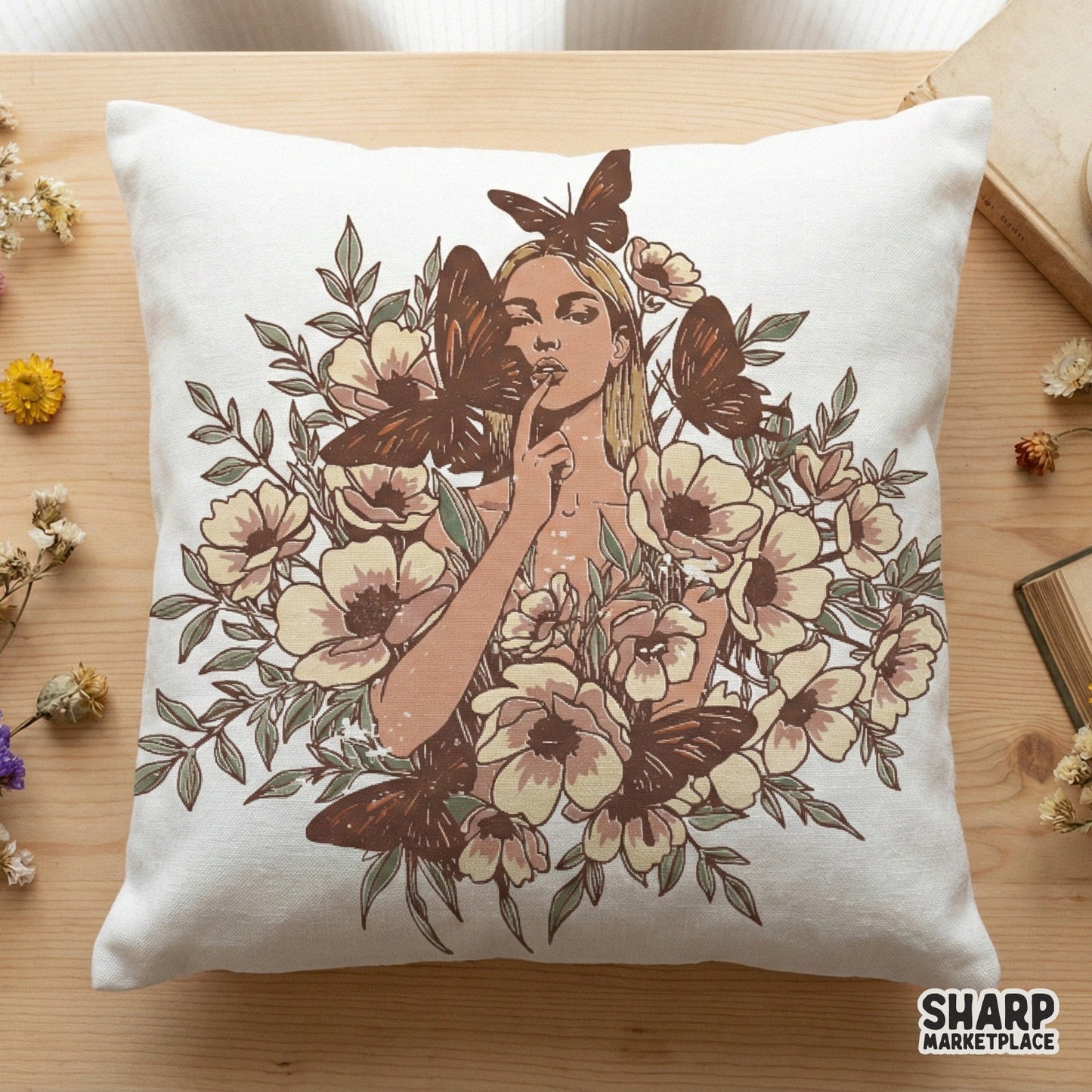 Dreamy vintage-style floral woman PNG featuring delicate butterflies and botanical elements for creating trendy stickers and home decor.