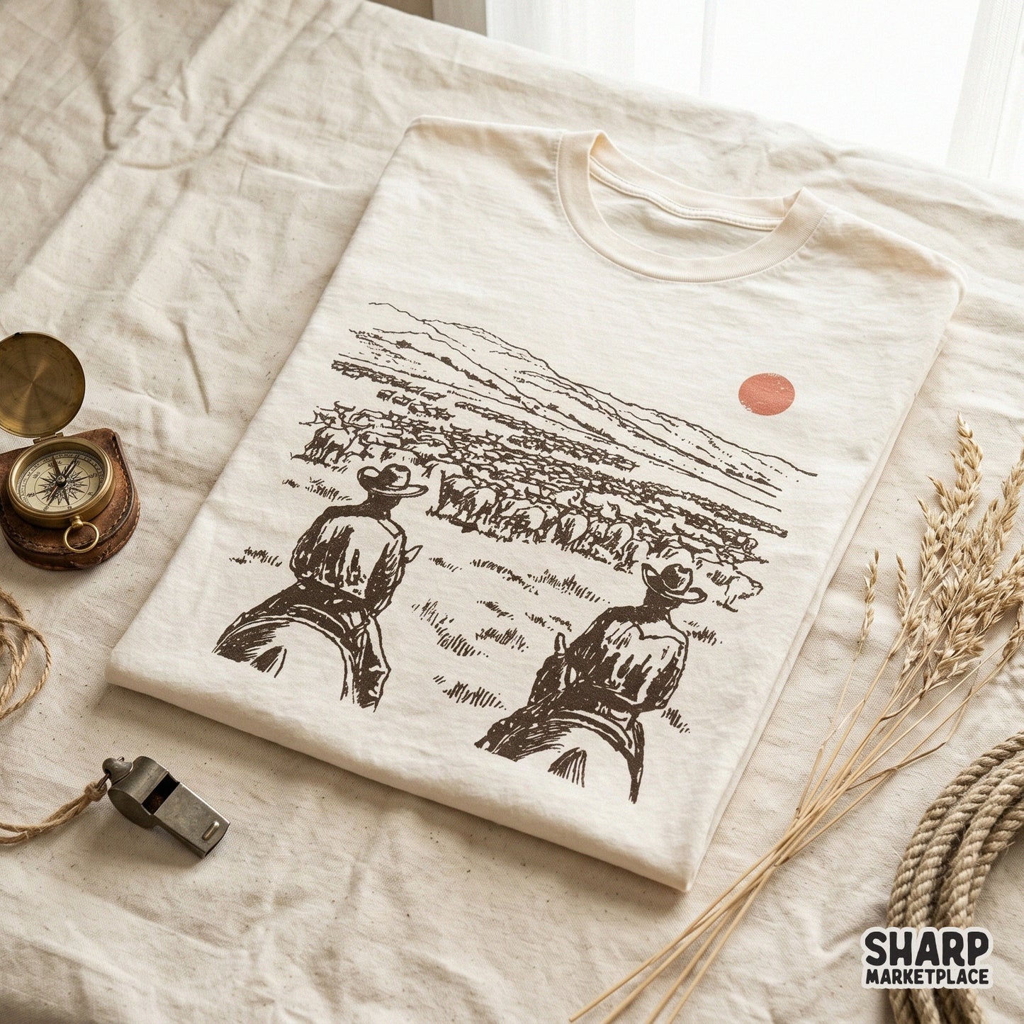 Digital western ranch scene design featuring hand-drawn cowboys and cattle, suitable for DTF printing, stickers, tumblers, and rustic wall art projects.