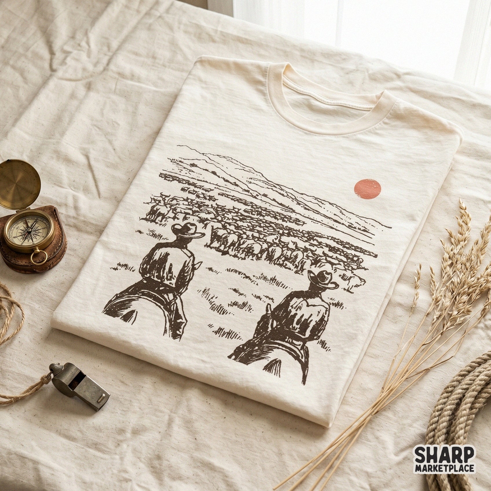 Digital western ranch scene design featuring hand-drawn cowboys and cattle, suitable for DTF printing, stickers, tumblers, and rustic wall art projects.