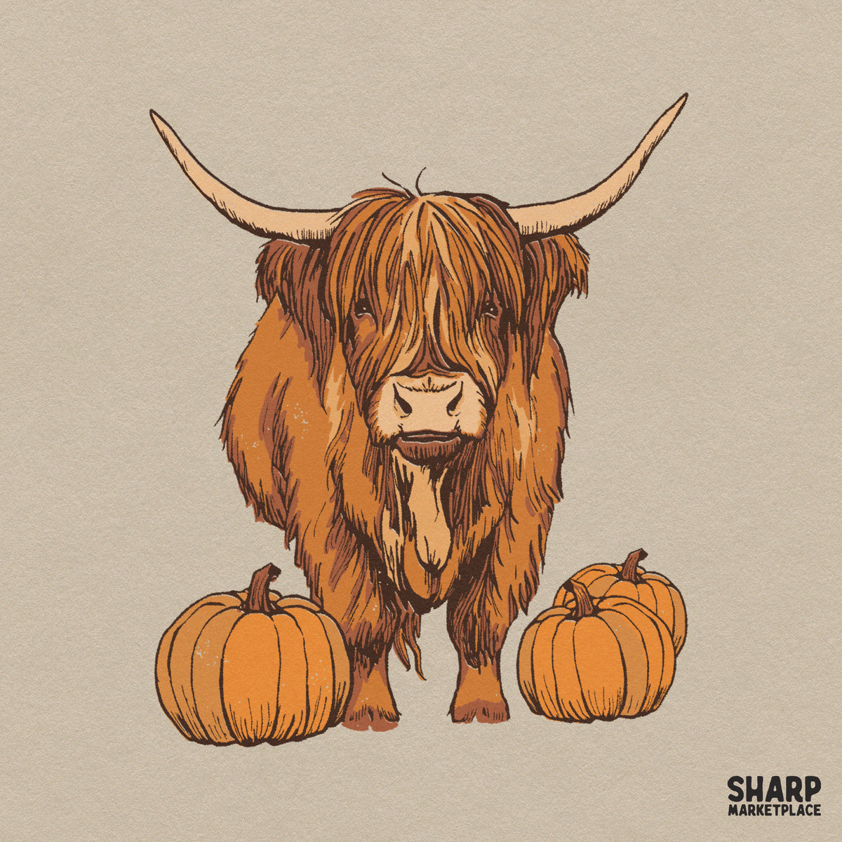 Cute highland cow standing with fall pumpkins clipart ideal for Thanksgiving t-shirts and autumn sublimation PNG designs