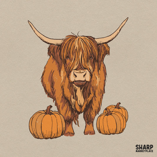 Cute highland cow standing with fall pumpkins clipart ideal for Thanksgiving t-shirts and autumn sublimation PNG designs