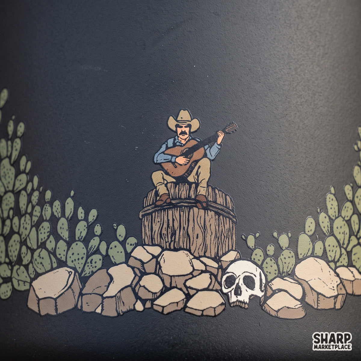 Retro cowboy playing guitar in a desert with cactus art, perfect western png for country music shirts