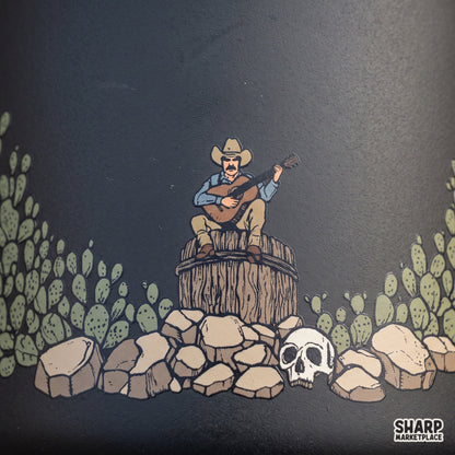 Retro cowboy playing guitar in a desert with cactus art, perfect western png for country music shirts