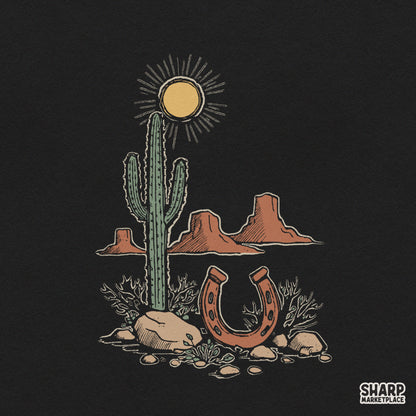 Retro desert landscape with saguaro cactus and rusty horseshoe sun design for western sublimation apparel