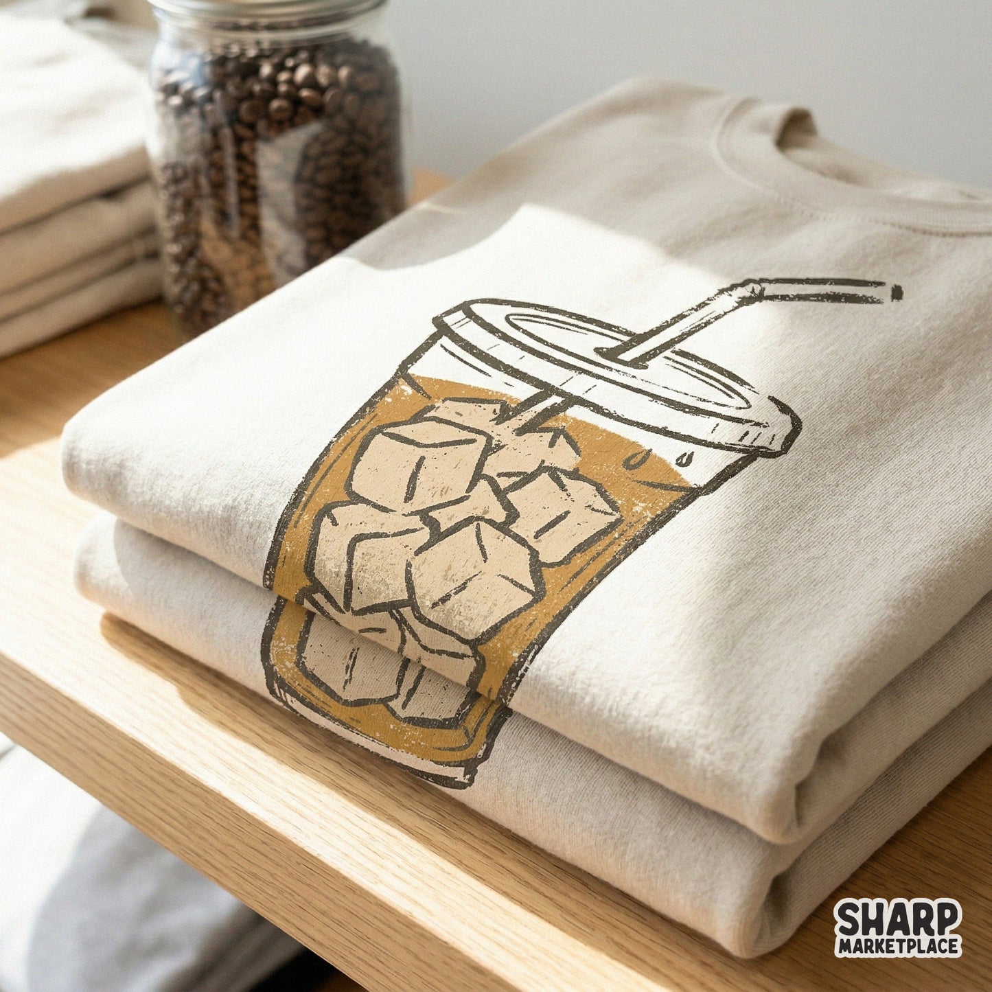 Distressed vintage-style iced coffee drink digital download with a transparent background, ideal for DTF printing, shirts, and summer crafts.