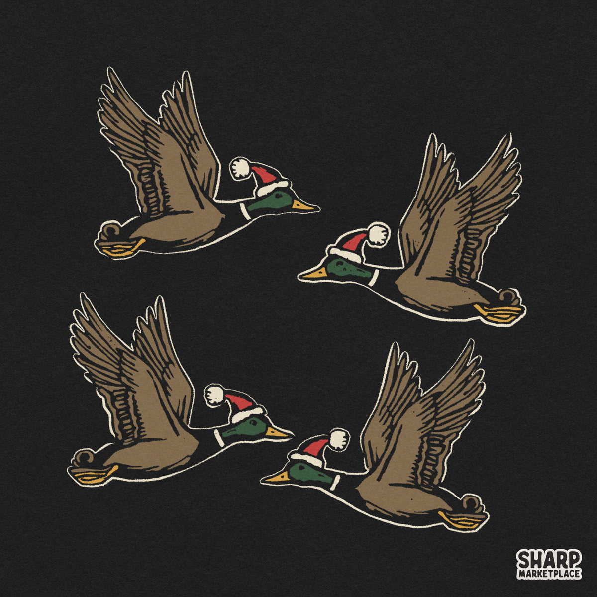 Flying mallard ducks wearing Santa hats festive Christmas PNG sublimation graphic for holiday shirt designs