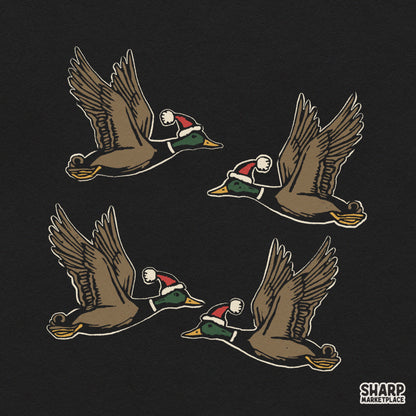 Flying mallard ducks wearing Santa hats festive Christmas PNG sublimation graphic for holiday shirt designs