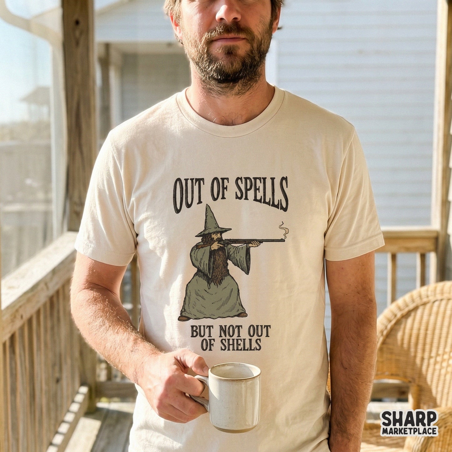 Distressed vintage-style design featuring a sorcerer with a shotgun and funny text, perfect for custom t-shirts, apparel, and hunting-themed DIY projects.