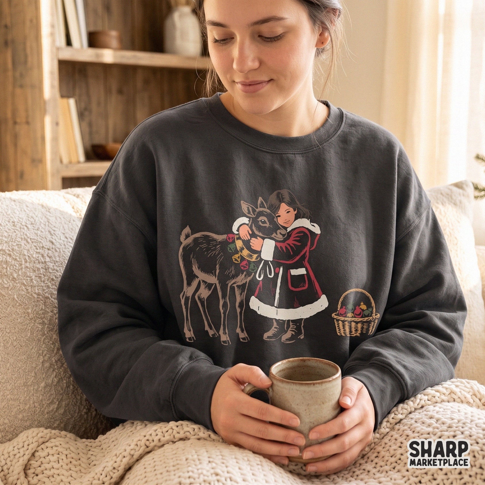 Vintage retro winter holiday scene featuring a nostalgic Christmas girl hugging a reindeer for sublimation t-shirt designs