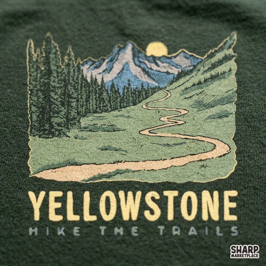 Vintage Yellowstone hike the trails PNG graphic with retro mountain landscape for national park camping t-shirts