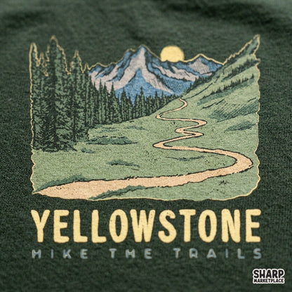 Vintage Yellowstone hike the trails PNG graphic with retro mountain landscape for national park camping t-shirts