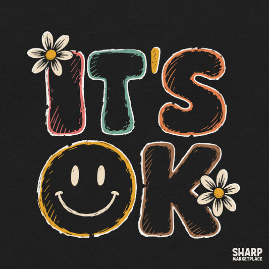 Retro 70s smiley face with daisies and positive quote PNG design for t-shirt sublimation