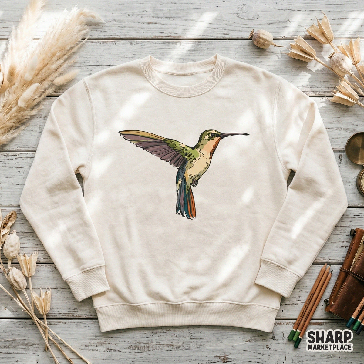 Vintage style hummingbird illustration in flight, displayed as a digital design graphic perfect for custom apparel, sublimation, or wall art.