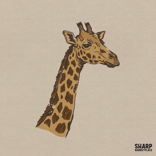 Hand-drawn giraffe portrait with detailed spots and textured line art in warm earth tones for digital sublimation and print projects.