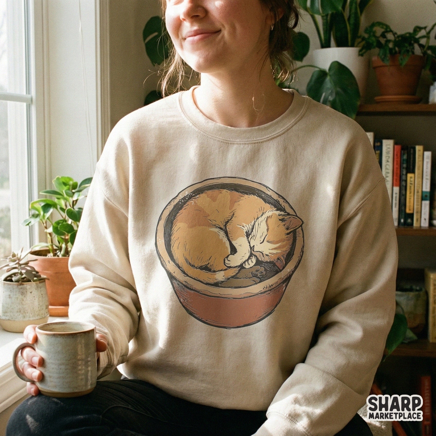 Sleeping Cat In Flower Pot PNG, Cute Cat Digital Download - 300 DPI