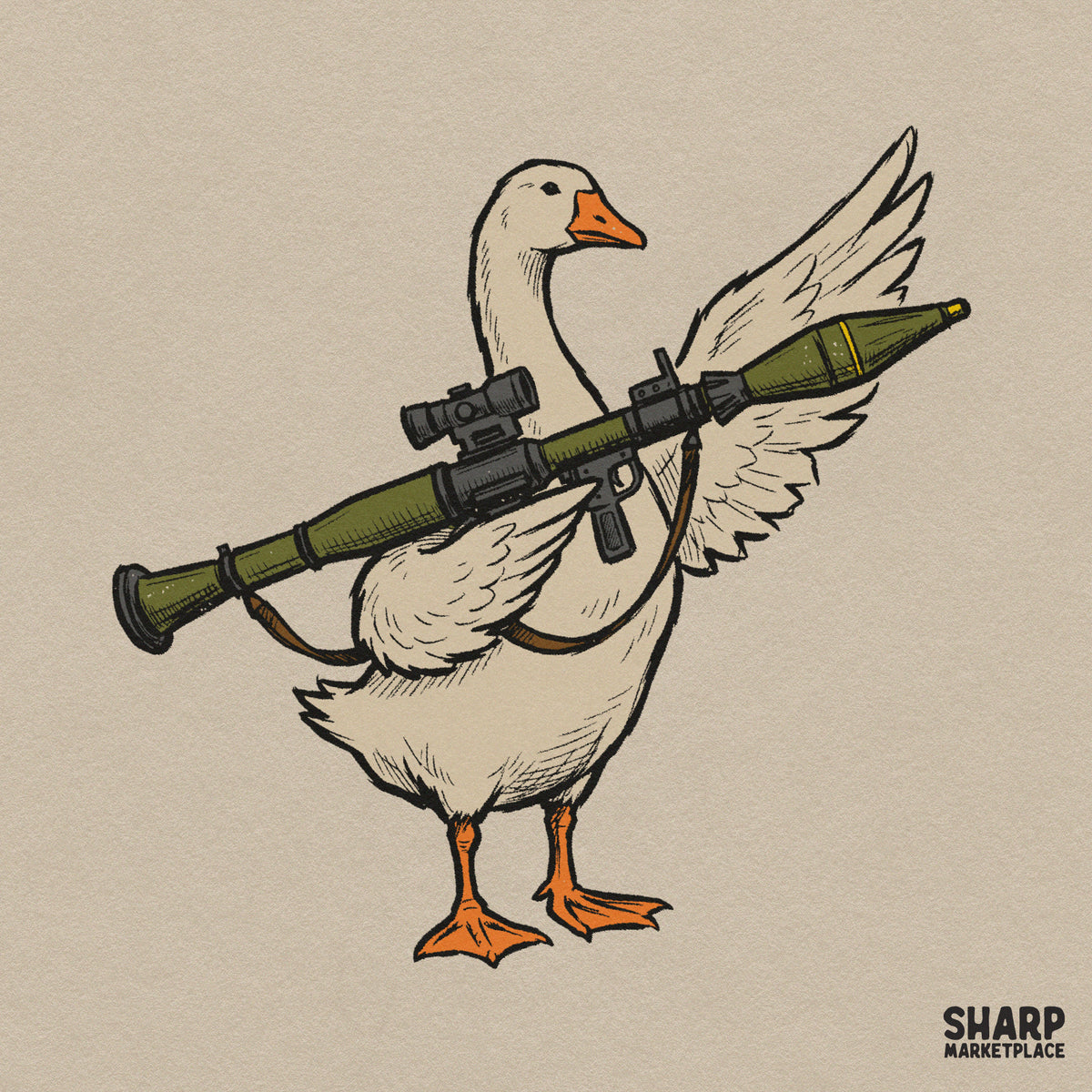 Unhinged white goose holding a green rocket launcher graphic for funny animal meme shirt sublimation design