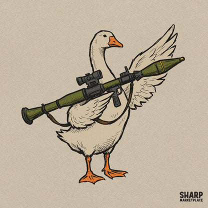 Unhinged white goose holding a green rocket launcher graphic for funny animal meme shirt sublimation design