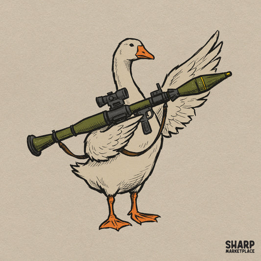 Unhinged white goose holding a green rocket launcher graphic for funny animal meme shirt sublimation design